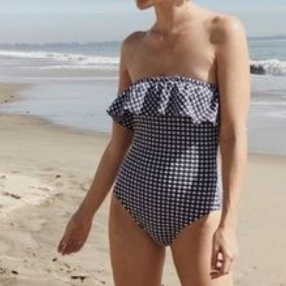J. crew blue and white gingham ruffle 1pc bandeau swimsuit. size 12. D/7…
